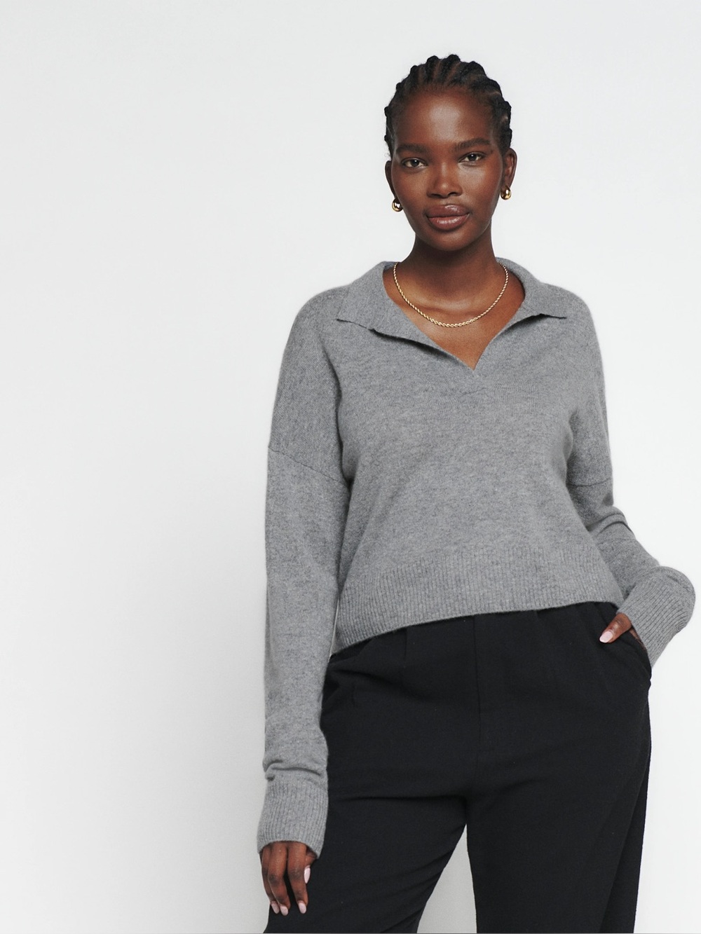 Reformation Cashmere Polo Sweater in Gray, Size Medium